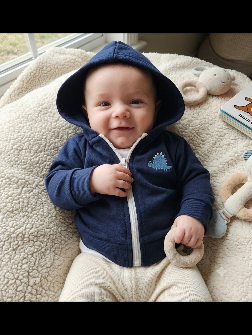 Mon Cheri Navy Zip Hoodie with Light Blue Dino Patch